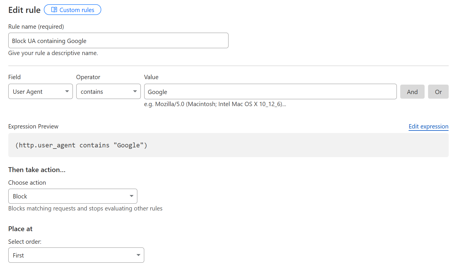 Cloudflare rule blocking UA containing Google